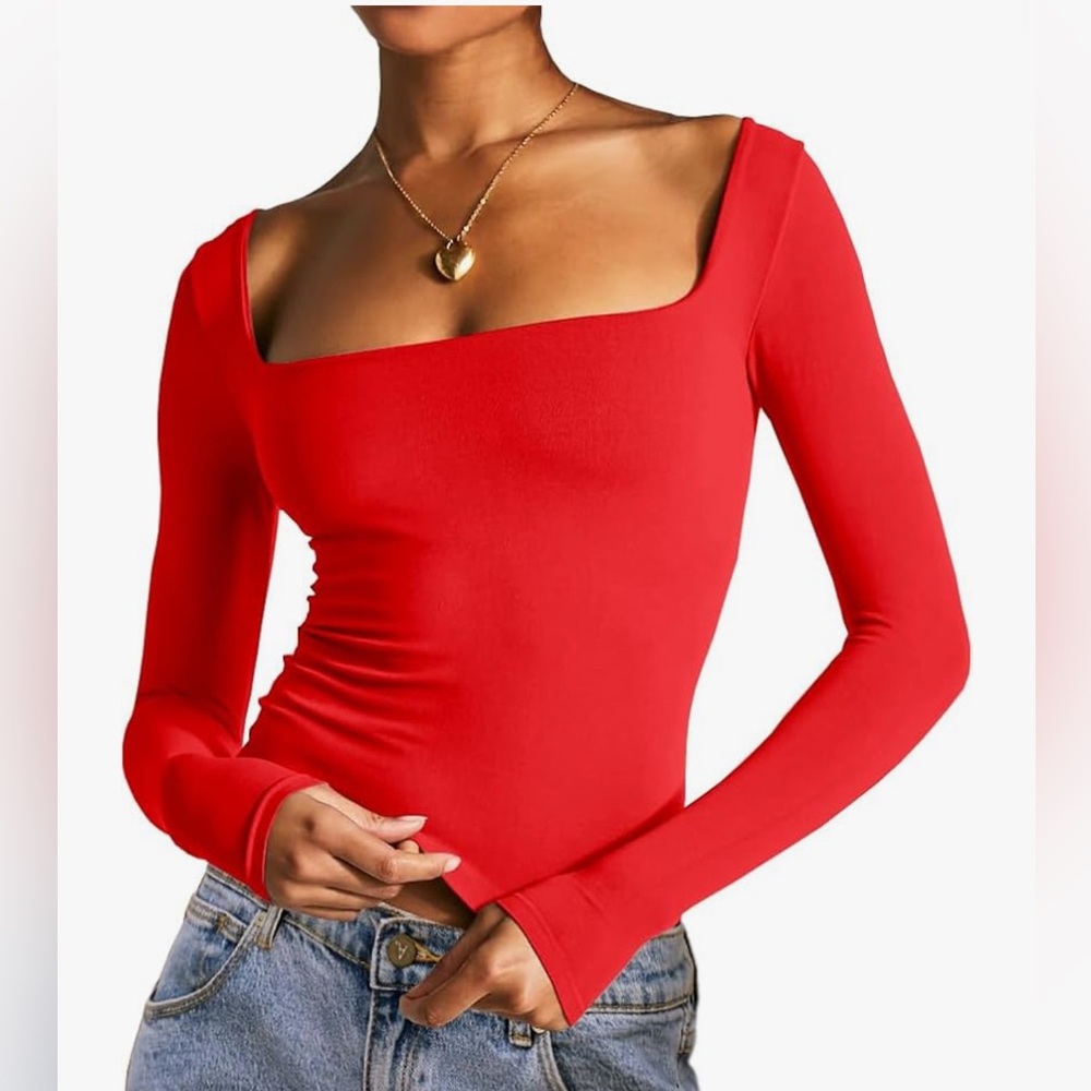 Red Long Sleeve Square Neck Top
